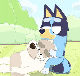 aged_up anthro blue_body blue_fur blush blush_lines duo female female/female fur grass head_on_lap looking_at_another lying on_lap outside plant shrub yellow_body yellow_fur lexusart616 bluey_(series) bluey_heeler judo_(bluey) australian_cattle_dog canid canine canis cattledog chow_chow domestic_dog herding_dog mammal pastoral_dog spitz 2026 digital_media_(artwork) hi_res