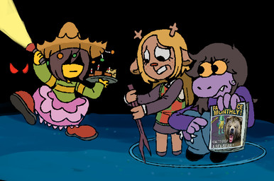 anthro antlers blonde_hair brown_body brown_hair buckteeth clothed clothing female group hair hat headgear headwear horn purple_body sombrero stick teeth trio iluvrabbitz deltarune nickelodeon spongebob_squarepants undertale_(series) kris_dreemurr noelle_holiday susie_(deltarune) bear deer human mammal new_world_deer reindeer scalie