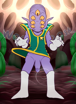 accessory amber_sclera arms_bent bald balls barbel_(anatomy) blush blush_lines bodily_fluids boots bottomless bottomless_male cave cavern circumcised clothed clothing detailed_background ellipsis flaccid flesh_whiskers footwear front_view genitals gloves green_clothing green_topwear handwear humanoid_genitalia humanoid_penis looking_at_genitalia looking_at_own_penis looking_at_penis looking_at_self looking_down male motion_onomatopoeia mouthless multi_eye no_irises noseless not_furry onomatopoeia penis pin_accessory pipe pupils purple_balls purple_body purple_penis purple_skin shoes slit_pupils solo sound_effects standing surprised sweat sweaty_face text topwear uniform wardrobe_malfunction white_boots white_clothing white_footwear white_gloves white_handwear wide_eyed wide_stance wind wind_lift felino daikaijuu_monogatari doctor_nova_(daikaijuu_monogatari) alien humanoid 2022 absurd_res digital_media_(artwork) full-length_portrait hi_res portrait