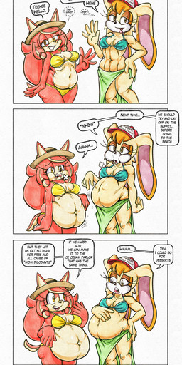 anthro belly belly_expansion big_belly big_breasts bloated breasts clothing deep_navel duo expansion female huge_belly medium_breasts navel overweight overweight_anthro overweight_female pink_body speech_bubble swimwear text killboo sega sonic_the_hedgehog_(series) the_murder_of_sonic_the_hedgehog conductor's_wife_(sonic) vanilla_the_rabbit canid canine canis domestic_dog lagomorph leporid mammal rabbit 2026 6:13 absurd_res comic english_text hi_res