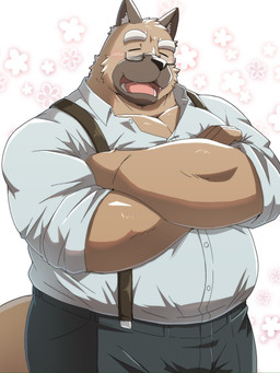 anthro bottomwear brown_body clothing eyes_closed eyewear glasses kemono male musclegut muscular overweight overweight_male pants shirt solo suspenders topwear emufu canid canine canis domestic_dog mammal 2026 3:4 hi_res