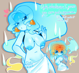 areola big_breasts blue_areola blue_blush blue_body blue_eyes blue_face blue_hair blue_nipples blue_sclera blue_speech_bubble blue_text blush blush_lines blushing_profusely bodily_fluids breasts crotch_lines dialogue disembodied_hand duo ear_piercing ear_ring ellipsis emanata embarrassed eyelashes female grey_background hair heart_symbol long_eyelashes long_hair looking_away motion_lines navel nipples piercing pink_hearts pink_text presenting presenting_breasts question_mark ring_piercing sagging_breasts shadow simple_background solo_focus speech_box speech_bubble sweat sweatdrop text bedboundboy blushcrunch_studio dandy's_world connie_(dandy's_world) ghost humanoid spirit toon_(dandy's_world) 2026 colored digital_drawing_(artwork) digital_media_(artwork) english_text hi_res multiple_scenes