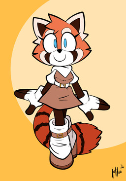 anthro belt blue_eyes breasts clothing dress female footwear front_view gloves handwear looking_at_viewer shoes simple_background smile solo standing tail yellow_background lettuce_(artist) sega sonic_the_hedgehog_(series) fan_character ailurid mammal red_panda 2026 absurd_res digital_media_(artwork) hi_res