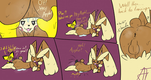 anal anal_penetration anal_vore anthro anus backsack balls big_butt blush bodily_fluids brown_body butt feral fully_inside fur genitals group looking_back male nude open_mouth partially_inside penetration simple_background size_difference tail text trio unaware_vore vore yellow_body afraidpichu nintendo pokemon apple_the_pichu generation_2_pokemon generation_3_pokemon generation_4_pokemon lagomorph lopunny mammal pichu plusle pokemon_(species) 256:135 comic digital_media_(artwork) english_text