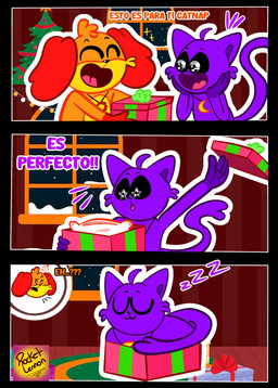 anthro box container duo gift gift_box holidays male orange_body pillow purple_body sleeping smile text rocketlennon christmas mob_entertainment poppy_playtime smiling_critters catnap_(poppy_playtime) dogday_(poppy_playtime) canid canine canis domestic_cat domestic_dog felid feline felis mammal absurd_res comic hi_res spanish_text