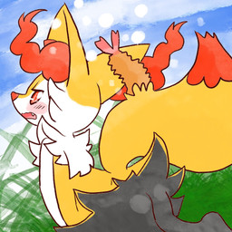 ambiguous_anthro ambiguous_gender anthro biped blush butt cloud cute_fangs detailed_background digitigrade dutch_angle fangs food grass looking_at_viewer looking_back looking_back_at_viewer looking_down looking_down_at_viewer low-angle_view object_in_tail open_mouth outside plant shrimp_(food) sky snout solo standing tail teeth wavy_mouth annyui0611 nintendo pokemon braixen canid generation_6_pokemon mammal pokemon_(species) 1:1 2022 digital_drawing_(artwork) digital_media_(artwork) hi_res japanese_description portrait three-quarter_portrait translated_description