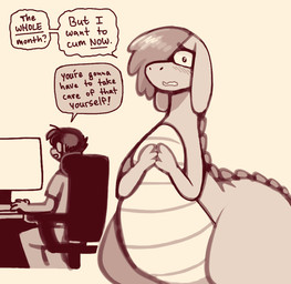 anthro aroused blush blush_lines bottom_heavy chair computer dialogue duo electronics female female_anthro furniture larger_anthro larger_female male male_human office_chair one_eye_obstructed pear-shaped_figure pouting scales scutes semi-anthro size_difference smaller_human smaller_male talking_to_another text thick_thighs wide_hips shyguy9 mythology no_nut_november no_nut_sabotage ginger_(shyguy9) guy_(shyguy9) dragon human mammal mythological_creature mythological_scalie scalie comic english_text meme