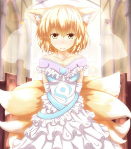 armwear bare_shoulders blonde_hair chair church clothing dress elbow_gloves female fox_tail furniture gloves hair handwear looking_at_viewer multi_tail short_hair smile solo tail veil wedding_dress white_clothing white_gloves white_handwear yellow_eyes horokusa0519 touhou ran_yakumo animal_humanoid canid canid_humanoid canine canine_humanoid fox fox_humanoid humanoid mammal mammal_humanoid hi_res