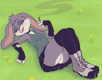 anthro blunt blush boots bottomwear cheek_tuft cigarette claws clothed clothing collar content dandelion drugs eyes_closed facial_tuft female field finger_claws fingerless_gloves flower footwear fur gloves grass grey_body grey_fur handwear inner_ear_fluff jewelry legwear long_ears lying marijuana necklace on_back outside plant purple_body purple_fur relaxing shirt shoes short_fur skirt smile smoke smoking smoking_marijuana solo stoned substance_intoxication t-shirt tail thigh_highs topwear tuft visible_tail white_body white_fur pinkreptile violet_bunny lagomorph leporid mammal rabbit digital_media_(artwork) hi_res