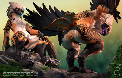 4_fingers anthro anus arm_tattoo back_tattoo beak belly black_beak black_body black_claws black_feathers black_vulva butt claws countershading crouching dipstick_limbs feather_hair feathers feet female fingers flat_chested forearms genitals glowing glowing_eyes hair hand_on_butt hand_on_leg hand_on_thigh leg_tattoo logo looking_at_viewer markings moisture moss multiple_poses nude outside plant pose presenting presenting_anus presenting_hindquarters pseudo_hair purple_anus purple_tongue raised_tail rock scaled_forearms scaled_legs scales sitting solo spiral squatting_pose tail talons tattoo text thick_thighs thigh_tattoo toes tongue tongue_out vulva wet white_belly white_body white_feathers white_hair winged_arms wings yellow_anus yellow_body yellow_eyes yellow_feathers xcytilinsk arorrazathi_(xcytilinsk) avian bird 2026 3d_(artwork) absurd_res digital_media_(artwork) english_text hi_res