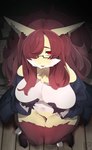 anthro big_breasts breasts canid canine clothed clothing delphox eyewear female fur generation_6_pokemon glasses hair hi_res inner_ear_fluff kouseki0024 mammal mature_anthro mature_female nintendo pokemon pokemon_(species) red_body red_eyes red_fur red_hair solo tuft white_body white_fur yellow_body yellow_fur