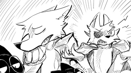ambiguous_gender anthro cape clothing contemplating duo eye_patch eyewear glasses male sharp_teeth teeth dragonweirdo gytras_(dragonweirdo) kimera_(dragonweirdo) canid canine canis domestic_cat felid feline felis mammal wolf 16:9 comic hi_res monochrome widescreen