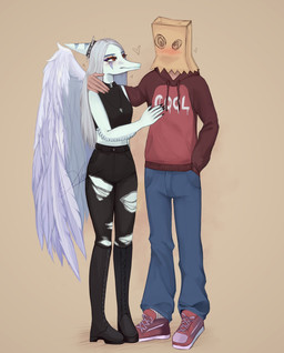 amber_eyes anthro arm_around_shoulders bag_over_head black_boots black_bottomwear black_clothing black_crop_top black_footwear black_pants black_shirt black_topwear blue_body blush bone bone_frill boots bottomwear clothed clothed_anthro clothed_female clothed_human clothed_male clothing collar crop_top denim denim_bottomwear denim_clothing duo elbow_feathers feathered_wings feathers female fingers footwear frill_(anatomy) front_view grey_body grey_feathers grey_hair hair hand_in_pocket hand_on_chest hand_on_shoulder heart_symbol hoodie human_on_anthro humanoid_hands interspecies jeans jewelry knee_boots knee_highs legwear long_hair looking_at_another male male/female markings necklace pants pockets red_clothing red_hoodie red_topwear romantic romantic_couple shirt shoes simple_background skull spiked_collar spikes spiral spiral_eyes standing striped_markings stripes tan_background text topwear torn_bottomwear torn_clothing torn_pants wings akky19 goodbye_volcano_high ko_op_(game_developer) fan_character fang_(gvh) human mammal prehistoric_species pterosaur reptile scalie absurd_res artist_name colored hi_res