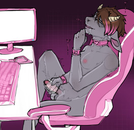 anthro bodily_fluids chair collar computer_desk computer_keyboard computer_mouse drooling electronics eyes_closed furniture genitals geometric_background grid_background gynomorph heart_symbol intersex looking_pleasured masturbation monitor office_chair pattern_background penetrable_sex_toy penile penile_masturbation penis saliva sex_toy sex_toy_masturbation simple_background solo text ruinsofkirin rose_(rosethegoat) bovid caprine goat mammal digital_media_(artwork) hi_res
