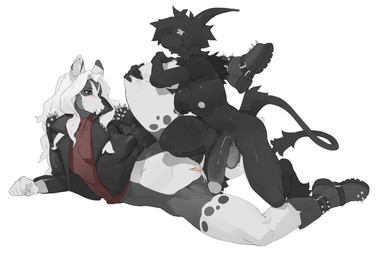 anthro balls big_balls big_penis black_body black_breasts black_fur black_penis blush blush_lines boots breasts clothing duo facial_piercing female footwear fur genitals glans grey_eyes grey_glans grey_nipples gynomorph gynomorph/female hair heart_eyes heart_symbol huge_penis humanoid_genitalia humanoid_penis imminent_sex intersex intersex/female jacket larger_anthro larger_female larger_sub leather leather_clothing leather_jacket leather_topwear lip_piercing lying multicolored_body multicolored_fur nipples on_side penis piercing raised_leg shoes simple_background size_difference smaller_anthro smaller_gynomorph smaller_intersex snakebite_piercing submissive topwear two_tone_body two_tone_fur vulva white_background white_body white_fur white_hair telson bovid canid canine caprine goat mammal 2021 digital_media_(artwork) hi_res