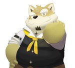 anthro clothing eyebrows facial_hair fur male mature_male mustache solo thick_eyebrows topwear vest yellow_body yellow_fur nightshowlerid lifewonders live_a_hero procy canid canine canis domestic_dog mammal absurd_res hi_res