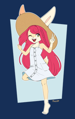 anthro big_hat biped braided_hair buckteeth clothed clothing countershade_face countershade_torso countershading dress female front_view furgonomic_headwear furgonomics gesture gloves_(marking) green_eyes grey_clothing grey_dress hair hand_gesture leg_markings long_hair looking_at_viewer markings on_one_leg open_mouth open_smile pink_nose plantigrade pose red_hair scut_tail short_tail simple_background smile socks_(marking) solo standing tail tan_body teeth tiptoes tongue v_sign white_body white_countershading white_markings young young_anthro young_female pucco lagomorph leporid mammal rabbit 2025 absurd_res hi_res