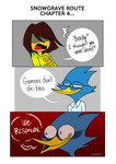 ambiguous_gender anthro beak blue_body blue_feathers brown_hair clothed clothing dialogue duo eyewear feathers glasses hair half-closed_eyes humor male narrowed_eyes open_mouth red_background shocked simple_background smile snowgrave speech_bubble spoiler text tongue topwear wide_eyed emositecc deltarune undertale_(series) berdly kris_(deltarune) avian bird human mammal comic digital_media_(artwork) english_text hi_res meme