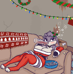anthro blush bottle breasts cleavage clothed clothing container costume curvy_figure decoration drinking female festive furniture half-closed_eyes holding_bottle holding_container holding_object holidays inside living_room lying narrowed_eyes outline reclining santa_costume smug sofa solo ircluzar christmas violet_bunny lagomorph leporid mammal rabbit colored digital_media_(artwork) hi_res pixel_(artwork) shaded