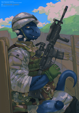 anthro armor biped blue_body blue_skin blue_sky camo camo_print clothing cloud cloudy_sky genitals gun headgear helmet holding_object holding_weapon male military military_uniform penis penis_poking_out penis_through_fly ranged_weapon rifle sky soldier solo thick_penis uniform uniformed_male warrior weapon jeanwoof microsoft the_elder_scrolls tristen argonian scalie digital_media_(artwork) hi_res