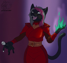 anthro black_body black_fur black_nose breasts clothing colored_fire evil_face evil_laugh female fire fur green_eyes green_fire grey_hair hair pink_hair red_clothing solo allartskye domestic_cat felid feline felis mammal hi_res