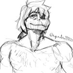 anthro crossgender ftm_crossgender hair male mature_anthro mature_male nipples nude nude_anthro nude_male short_hair smile snout solo text espectro111222 cavemanon_studios snoot_game nova_(snoot_game) baryonyx dinosaur prehistoric_species reptile scalie spinosaurid theropod 1:1 2025 artist_name black_and_white hi_res monochrome signature