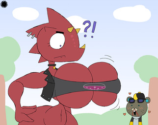 ambiguous_gender anthro backwards_baseball_cap backwards_hat bar_emanata baseball_cap big_breasts blonde_hair blood blue_pupils blush blush_lines bodily_fluids breast_expansion breasts brown_body brown_fur buckteeth choker clothing crop_top crossgender curvy_figure duo emanata expansion eyelashes eyewear facial_markings female female_focus freckled_face freckles fur hair hand_on_hip hat head_markings headgear headwear heart_symbol horn huge_breasts interrobang jacket jewelry logo markings mtf_crossgender muzzle_(marking) navel necklace nosebleed piercing pupils red_body shirt small_waist solo_focus spherical_breasts sunglasses teeth text topwear wasp_waist wide_hips thatdawgmurray animal_crossing nintendo c.j._(animal_crossing) flick_(animal_crossing) beaver chameleon lizard mammal reptile rodent scalie aliasing artist_logo artist_name digital_media_(artwork) hi_res signature