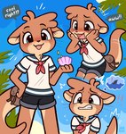 ambiguous_gender anthro blush brown_body brown_fur clothed clothing cute_fangs dialogue fangs fully_clothed fur holding_object sailor_uniform solo speech_bubble teeth text jayrnski ottie_(jayrnski) mammal mustelid otter 2022 digital_media_(artwork) english_text hi_res