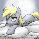 1:1 2012 blonde_hair cutie_mark derpy_hooves_(mlp) equid equine feathered_wings feathers female feral friendship_is_magic fur grey_body grey_feathers grey_fur hair half-closed_eyes hasbro john_joseco lying mammal my_little_pony mythological_creature mythological_equine mythology narrowed_eyes on_front pegasus pillow smile solo wings yellow_eyes