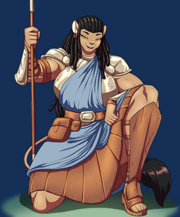 anthro armor clothing dreadlocks female jewelry looking_at_viewer melee_weapon muscular polearm solo spear weapon crovirus remusa_(liarborn) felid lion mammal pantherine absurd_res alpha_channel hi_res