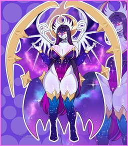 anthro border choker clothing female glowing glowing_eyes gold_(metal) hair jewelry legwear long_hair necklace pink_border red_eyes simple_background solo space star stockings white_body white_skin wings revkoen nintendo pokemon generation_7_pokemon legendary_pokemon lunala pokemon_(species) absurd_res digital_media_(artwork) hi_res