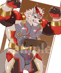 2_horns abs anthro barazoku black_bodysuit black_clothing black_sclera black_skinsuit bodily_fluids bodysuit bracelet brown_background bulge chest_markings clenched_teeth clothing cum cum_in_clothing cum_in_pants cum_through_clothing cum_through_pants disembodied_hand drooling facial_hair facial_markings fur genital_fluids goatee gold_(metal) gold_belt gold_bracelet gold_jewelry grey_body grey_bodysuit grey_clothing grey_fur grey_skinsuit gut_punch hair head_markings highlights_(coloring) horn jewelry male markings multicolored_body multicolored_bodysuit multicolored_clothing multicolored_fur multicolored_skinsuit muscular muscular_anthro muscular_male muscular_thighs nipple_piercing nipple_ring nipples pecs piercing red_bodysuit red_clothing red_eyes red_highlights red_horn red_markings red_skinsuit restrained_arms ring_piercing rope rope_around_wrist saliva simple_background skinsuit solo tail teeth tight_clothing two_tone_body two_tone_fur wet wet_clothing white_body white_fur white_hair zhengshizi ryouon_ritsu canid canine canis mammal wolf 2026 absurd_res hi_res