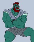 beard bottomwear clothing crossed_arms facial_hair ginger green_body green_skin hoodie hotpants male mohawk muscular muscular_male shorts solo topwear tusks rickleone kondar humanoid orc himbo 4:5 sketch