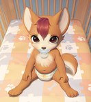 ambiguous_gender anthro baby bed clothed clothing crib diaper diaper_only furniture looking_at_viewer looking_up navel object_in_mouth pacifier pacifier_in_mouth sitting solo topless wearing_diaper young felyn canid canine mammal hi_res