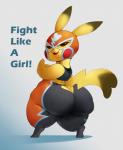 bedroom_eyes big_butt bodily_fluids butt cleft_tail clothed clothing cosplay_pikachu_(costume) costume female half-closed_eyes huge_butt huge_thighs looking_back narrowed_eyes open_mouth open_smile overweight overweight_female rear_view seductive short_stack smile solo standing sweat sweat_stain tail text thick_thighs wide_hips forastero nintendo pokemon cosplay_pikachu_(character) pikachu_libre generation_1_pokemon mammal pikachu pokemon_(species) rodent 2019 absurd_res digital_media_(artwork) english_text hi_res