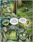2011 amphibian anthro barefoot border breasts clothed clothing comic dialogue digital_media_(artwork) duo english_text feet female frog hand_on_belly human lips male mammal markie melee_weapon polearm speech_bubble staff text thick_lips vore weapon white_border