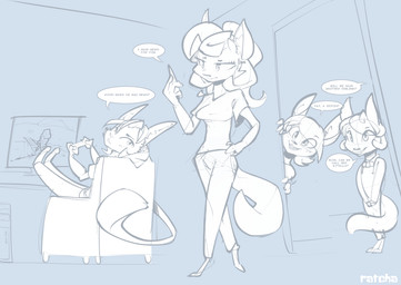anthro clothed clothing duo_focus female group living_room pregnancy_test pregnant ratcha death_stranding kyte_frost sheila canid canine canis domestic_cat felid feline felis mammal snoval wolf blue_and_white digital_media_(artwork) hi_res monochrome