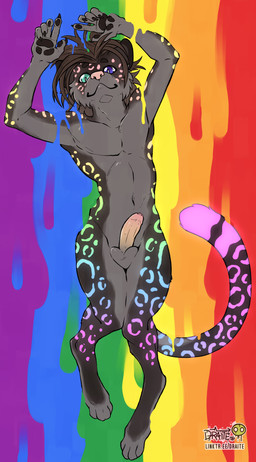 anthro balls foreskin genitals heterochromia lgbt_pride looking_at_viewer male pawpads penis pride_colors rainbow solo tail conditional_dnp draite felid feline jaguar mammal pantherine hi_res