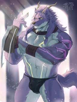 5_fingers anthro biped black_nose claws fingers fur humanoid_hands male mostly_nude_anthro mostly_nude_male multicolored_body multicolored_fur muscular muscular_anthro muscular_male purple_body purple_fur purple_tail tail two_tone_body two_tone_fur yellow_eyes topazdog canid mammal absurd_res hi_res