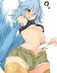 ahoge animal_humanoid avian blue_hair blue_wings blush bottomwear breasts clothed clothing crop_top disembodied_hand duo european_mythology feathered_wings feathers female food greek_mythology hair harpy hi_res humanoid karatakewari messy midriff monster_girl_(genre) monster_musume mythological_avian mythological_creature mythology navel navel_fetish navel_penetration navel_poke one_eye_closed open_mouth papi_(monster_musume) penetration popsicle question_mark scuted_legs scutes shirt shorts skimpy small_breasts solo_focus temperature_play topwear unbuttoned under_boob unusual_penetration winged_arms winged_humanoid wings yellow_eyes