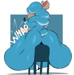 anthro big_breasts big_butt blue_body blue_fur blue_wool breasts butt butt_slap chair female fur furniture huge_butt hyper hyper_butt multicolored_body nude on_chair onomatopoeia side_boob sitting sitting_on_chair slap smile solo sound_effects text two_tone_body wool_(fur) arizonathevixen camelid llama mammal english_text hi_res