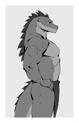 anthro back_ridge biped border bottomwear closed_smile clothed clothed_anthro clothed_male clothing countershade_face countershade_neck countershade_tail countershade_torso countershading dorsal_ridge grey_background hand_on_hip hand_on_own_hip head_ridge loincloth loincloth_only looking_aside male mouth_closed pose side_view simple_background smile snout solo tail tail_ridge topless topless_anthro topless_male white_border kingarthur_i lizard reptile scalie 2024 digital_drawing_(artwork) digital_media_(artwork) greyscale hi_res monochrome portrait three-quarter_portrait