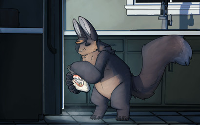 ambiguous_gender anthro appliance cheese dairy_products dipstick_tail eating eating_food eyes_closed food fridge fur hair holding_object kitchen kitchen_appliance markings midnight_snack night nude shredded_cheese smile solo tail tail_markings cuddlebutt korwin 16:10 hi_res widescreen