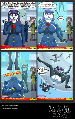 4_fingers 4_toes alien_abduction anthro anus asian_clothing black_body black_fur black_hair black_nose blue_hair bottomwear breasts butt chinese_clothing clothed clothed/nude clothed_anthro clothed_female clothed_male clothing coat dialogue east_asian_clothing electronics exhibitionism feet female fingers floating flying_saucer footwear forced forced_exposure forced_undressing fur genitals grey_body grey_fur group hair hindpaw humanoid_hands low-angle_view male markings microphone multicolored_body multicolored_fur news news_report nude nude_anthro nude_female outdoor_nudity pants paws police police_officer police_uniform public public_nudity sandals shoes sign spacecraft speech_bubble spots spotted_body spotted_fur spread_legs spreading standing tail text toes topwear tractor_beam two_tone_body two_tone_fur ufo undressing uniform vehicle vulva white_body white_fur white_hair worm's-eye_view strikersa carmen_ortega mei_jing officer_yena avian bear bird canid canine chicken fox galliform giant_panda hyena mammal mephitid phasianid skunk spotted_hyena comic english_text hi_res