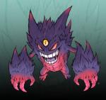 3_eyes ambiguous_gender black_background cyan_background feral front_view fur gradient_background multi_eye nude open_mouth open_smile purple_body purple_fur red_eyes simple_background smile solo teeth tongue edcomics nintendo pokemon generation_6_pokemon ghost mega_evolution mega_gengar pokemon_(species) spirit