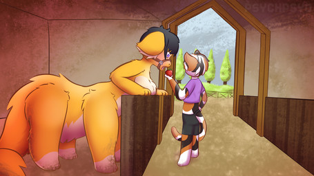 3_toes 4_legs ambiguous_gender anthro apple barefoot black_body black_clothing black_fur black_hair blush bottomwear breasts bridle building butt calico_pattern clothed clothing countershade_torso countershading dipstick_limbs dipstick_tail dirt dirty dirty_feet duo ear_tuft featureless_breasts feeding feet female fence fluffy fluffy_chest fluffy_tail food fruit fur grass hair inner_ear_fluff markings multi_limb multicolored_body multicolored_ears multicolored_fur nude open_mouth orange_body orange_hair plant plantigrade purple_clothing purple_eyes quadruped shirt shorts size_difference sky stable tail tail_markings tan_body tan_fur toes topwear tree tuft two_tone_body two_tone_fur white_body white_fur white_hair wood psychpsyo calico_cat domestic_cat felid feline felis mammal taur digital_drawing_(artwork) digital_media_(artwork) hi_res shaded signature