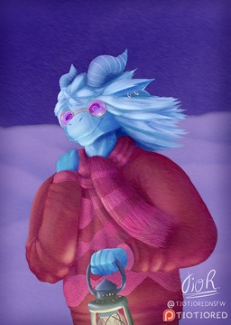 anthro biped blue_body blue_eyes blue_fur blue_horn clothed clothing eyewear fully_clothed fur glasses hair horn jewelry lamp male markings scarf snow snowing solo sweater topwear white_hair wind winter_coat tiotiored mythology shiloh_wintergreen dragon mythological_creature mythological_scalie scalie digital_media_(artwork) half-length_portrait portrait