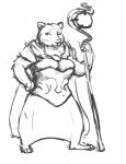 anthro armor big_breasts breasts cape cleavage clothed clothing corset female lingerie solo staff stocky topwear conqista armello league_of_geeks sana_(armello) bear mammal black_and_white monochrome sketch