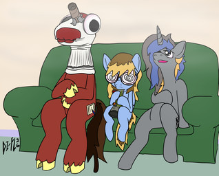 bong drug_usage drugs eyewear furniture glasses group horn marijuana sitting smoking sock_puppet sofa trio wings young di-fl hasbro my_little_pony mythology penpad_(di-fl) buffalo equid equine horse hybrid mammal mythological_creature mythological_equine pegasus pony unicorn hi_res
