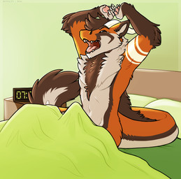 alarm_clock anthro bed clock erection furniture horn male morning morning_wood nude open_mouth simple_background solo tail tenting yawn royalty_(artist) mythology justdrox canid canine dragon fox hybrid mammal mythological_creature mythological_scalie scalie 2016